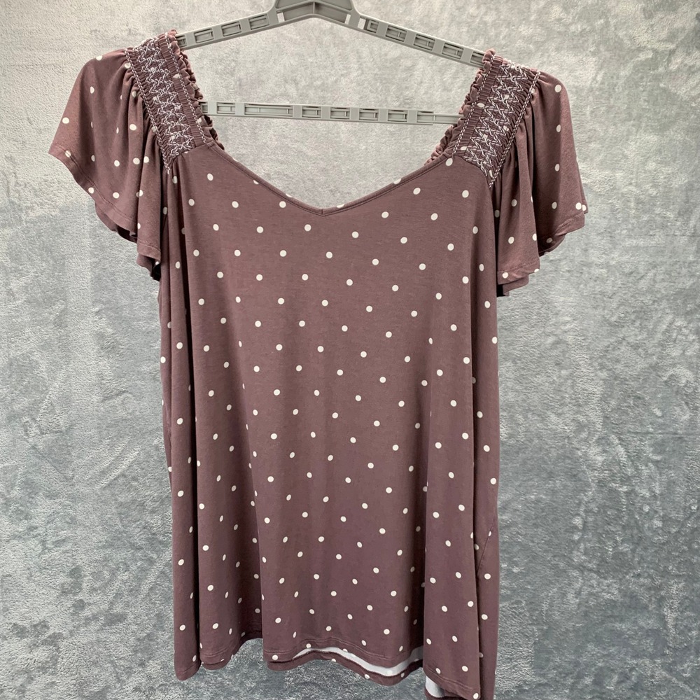 Polka Dot Mauve Flutter Sleeve Stretch Super Soft Knit Top Womens 3X Blouse